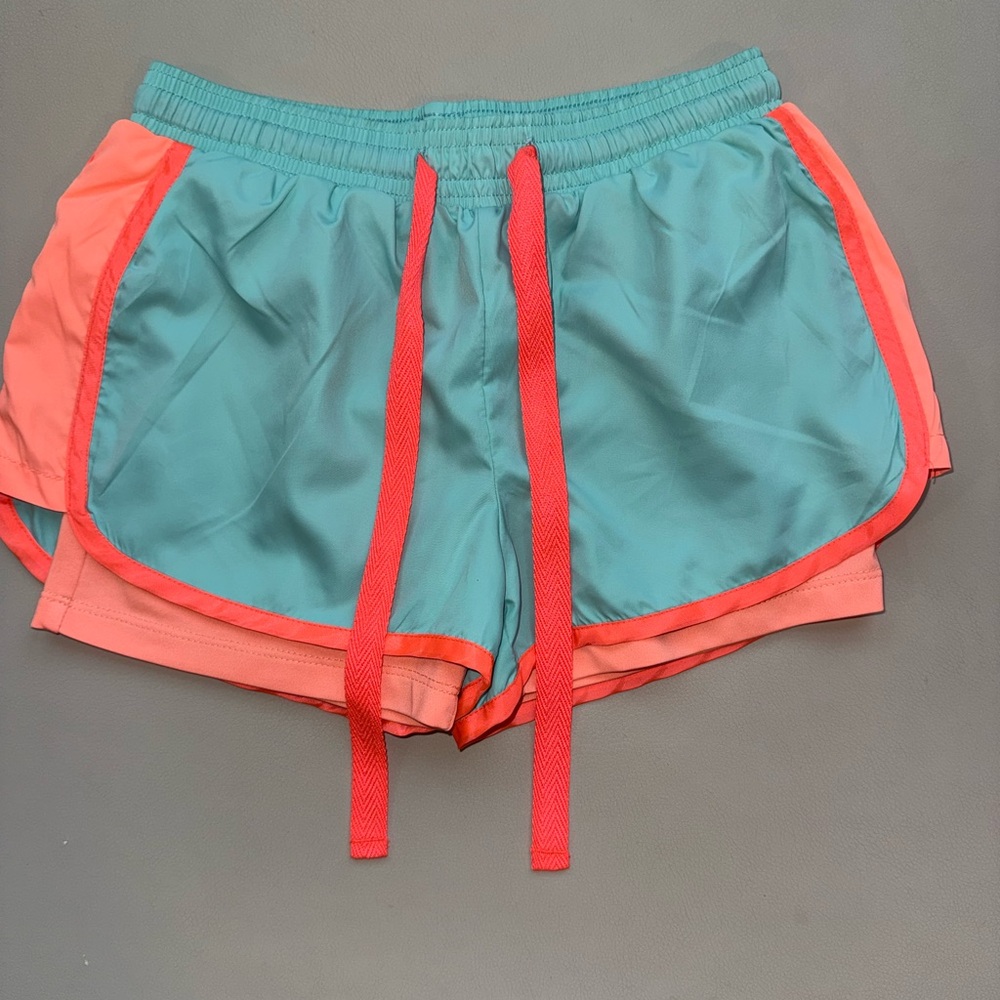 Girls' Teal and Coral Drawstring Athletic Shorts